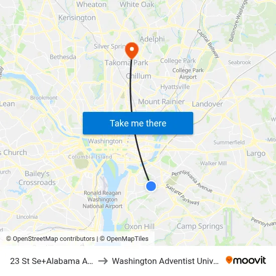 23 St Se+Alabama Av SE to Washington Adventist University map