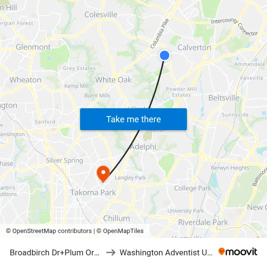 Broadbirch Dr+Plum Orchard Dr to Washington Adventist University map