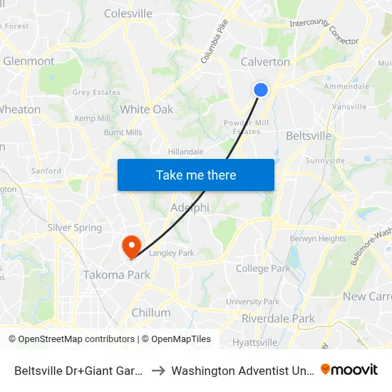 Beltsville Dr+Giant Garden Ctr to Washington Adventist University map