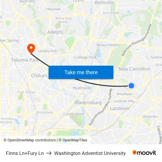 Finns Ln+Fury Ln to Washington Adventist University map