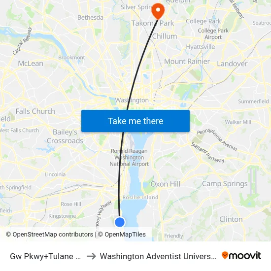Gw Pkwy+Tulane Dr to Washington Adventist University map