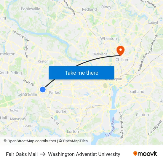 Fair Oaks Mall to Washington Adventist University map