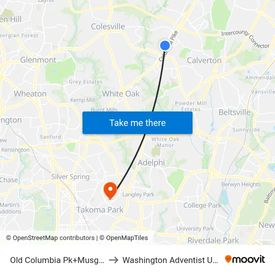 Old Columbia Pk+Musgrove Rd to Washington Adventist University map