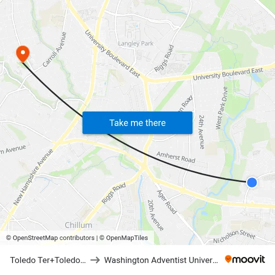 Toledo Ter+Toledo Pl to Washington Adventist University map