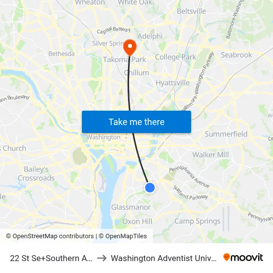 22 St Se+Southern Av SE to Washington Adventist University map