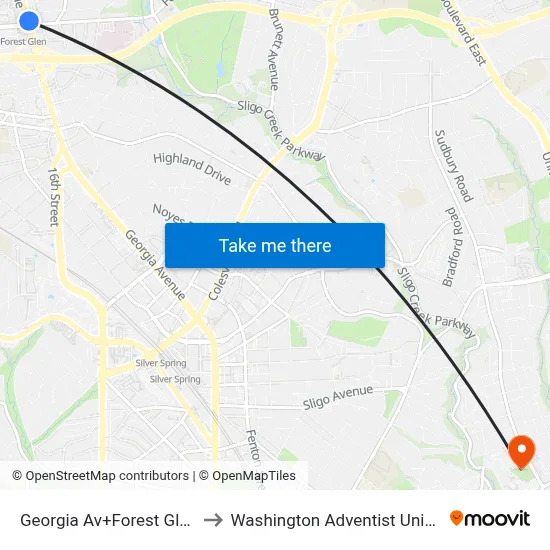 Georgia Av+Forest Glen Rd to Washington Adventist University map