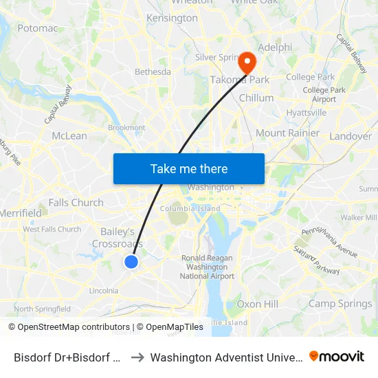 Bisdorf Dr+Bisdorf Bldg to Washington Adventist University map