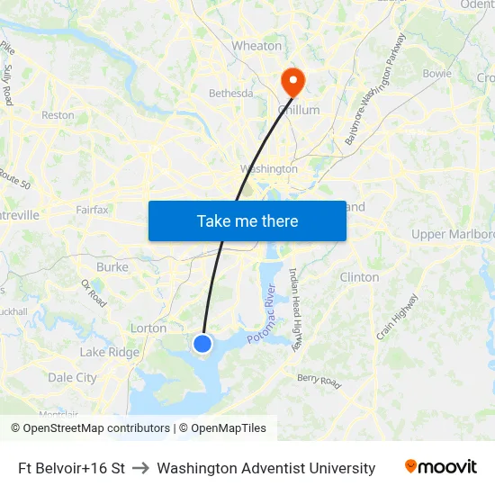 Ft Belvoir+16 St to Washington Adventist University map