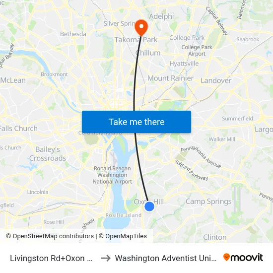 Livingston Rd+Oxon Hill Rd to Washington Adventist University map