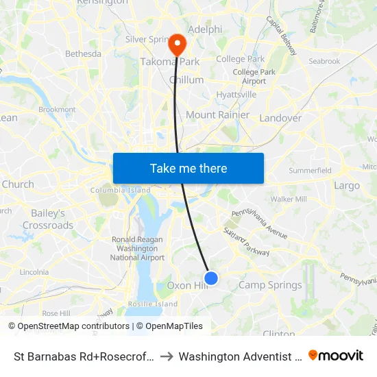 St Barnabas Rd+Rosecroft Village Dr to Washington Adventist University map