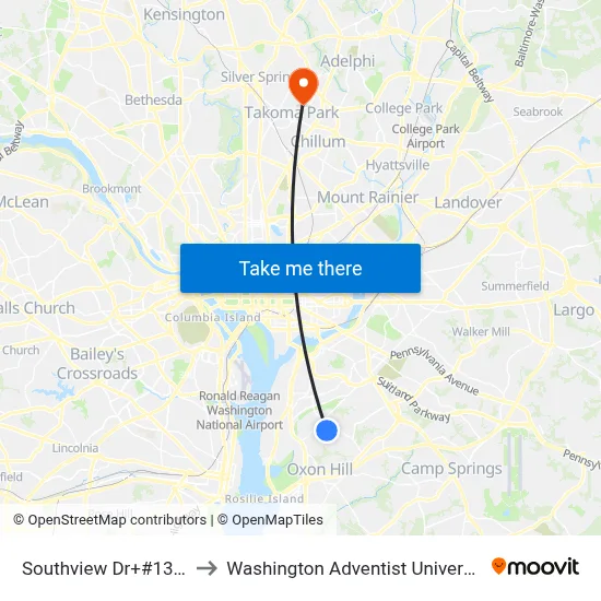Southview Dr+#1333 to Washington Adventist University map