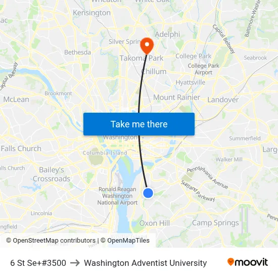 6 St Se+#3500 to Washington Adventist University map