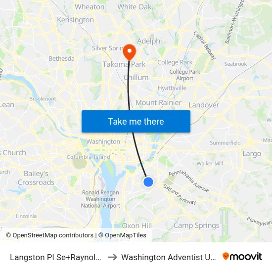 Langston Pl Se+Raynolds Pl SE to Washington Adventist University map