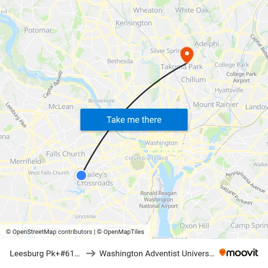 Leesburg Pk+#6166 to Washington Adventist University map