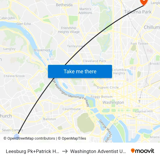 Leesburg Pk+Patrick Henry Dr to Washington Adventist University map
