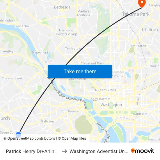 Patrick Henry Dr+Arlington Bl to Washington Adventist University map