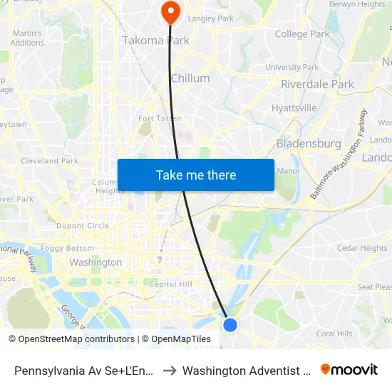 Pennsylvania Av Se+L'Enfant Sq SE to Washington Adventist University map
