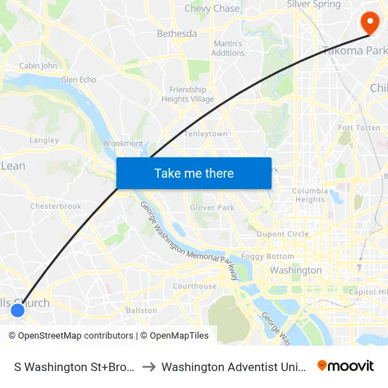 S Washington St+Broad St to Washington Adventist University map