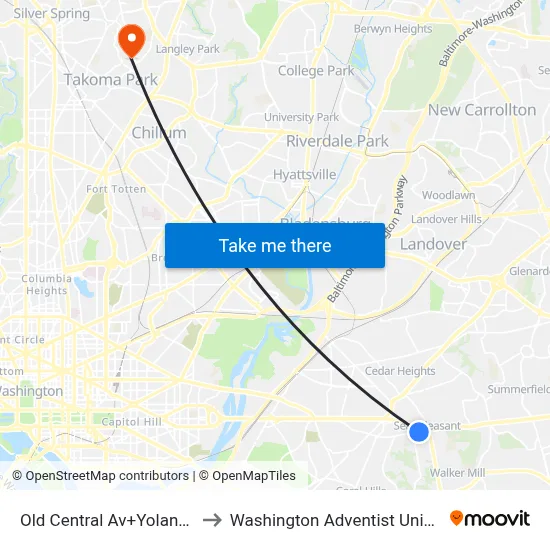 Old Central Av+Yolanda Av to Washington Adventist University map