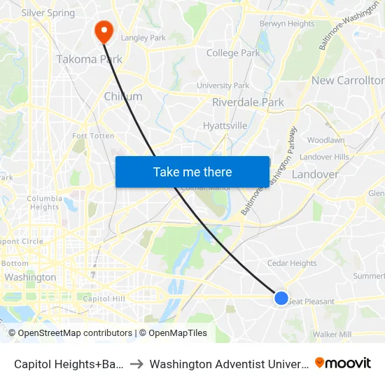 Capitol Heights+Bay C to Washington Adventist University map