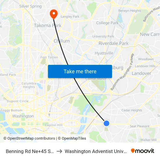 Benning Rd Ne+45 St NE to Washington Adventist University map