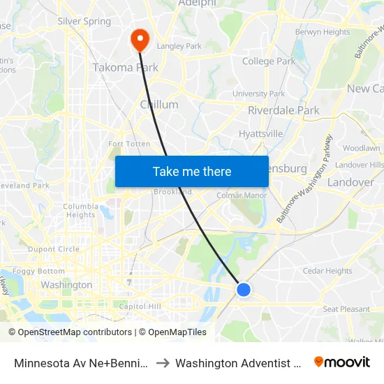 Minnesota Av Ne+Benning Rd NE to Washington Adventist University map