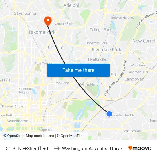 51 St Ne+Sheriff Rd NE to Washington Adventist University map