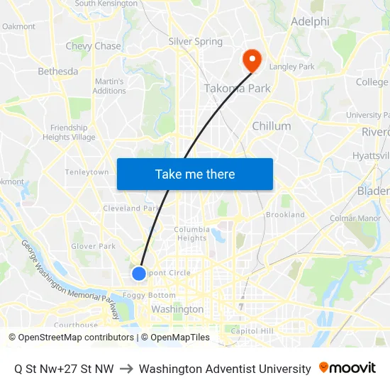 Q St Nw+27 St NW to Washington Adventist University map