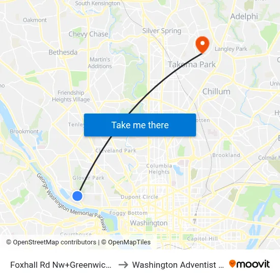 Foxhall Rd Nw+Greenwich Pkwy NW to Washington Adventist University map