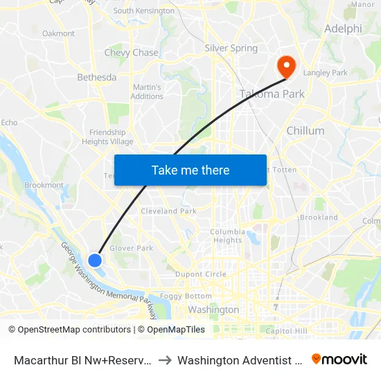 Macarthur Bl Nw+Reservoir Rd NW to Washington Adventist University map