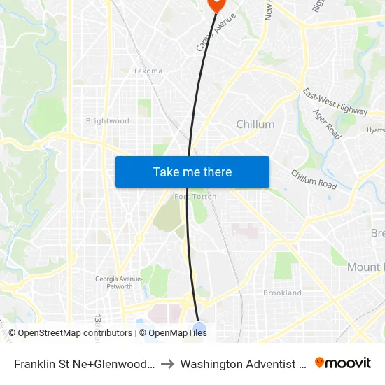 Franklin St Ne+Glenwood Cemetery to Washington Adventist University map