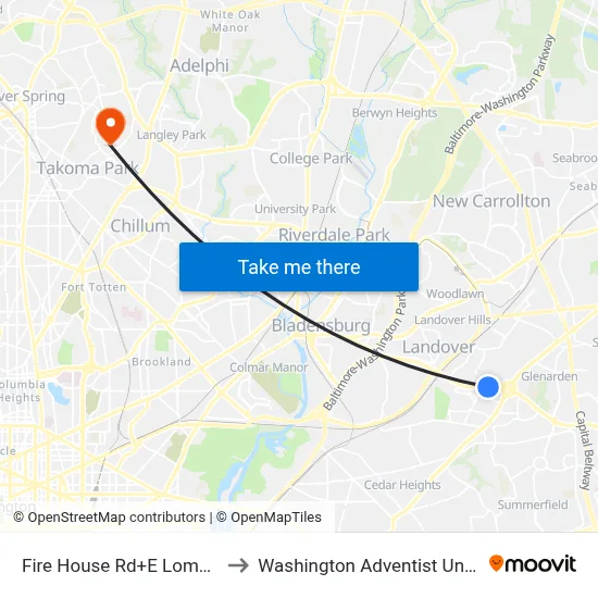 Fire House Rd+E Lombard St to Washington Adventist University map