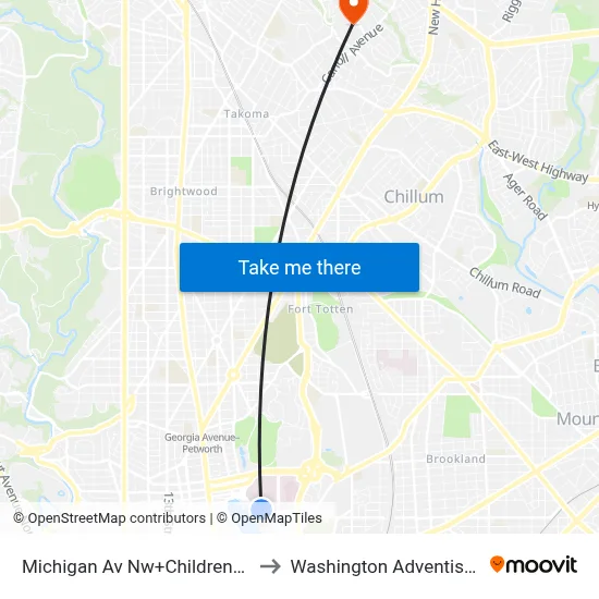 Michigan Av Nw+Childrens Medical Ctr to Washington Adventist University map