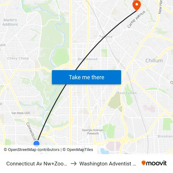 Connecticut Av Nw+Zoo Entrance to Washington Adventist University map