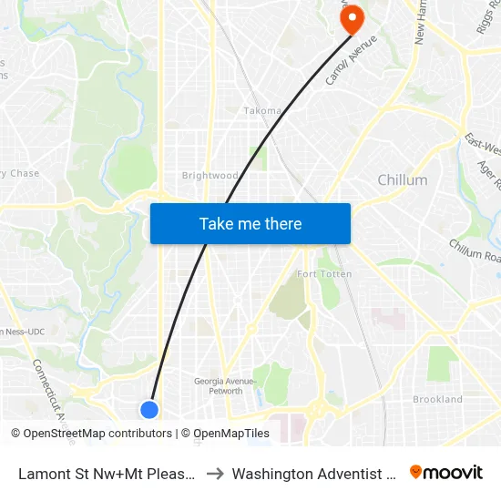 Lamont St Nw+Mt Pleasant St NW to Washington Adventist University map