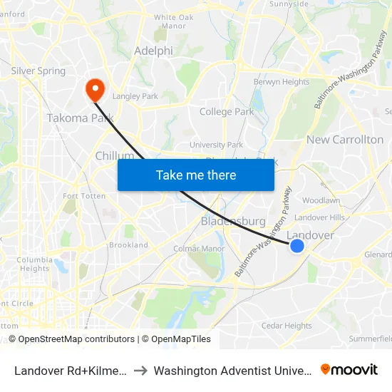 Landover Rd+Kilmer St to Washington Adventist University map