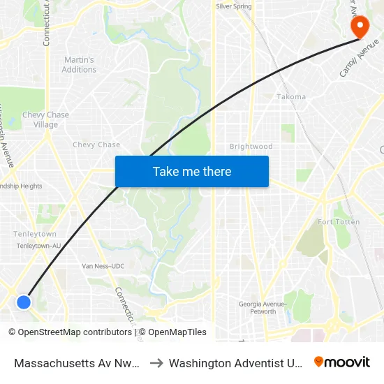 Massachusetts Av Nw+#4201 to Washington Adventist University map