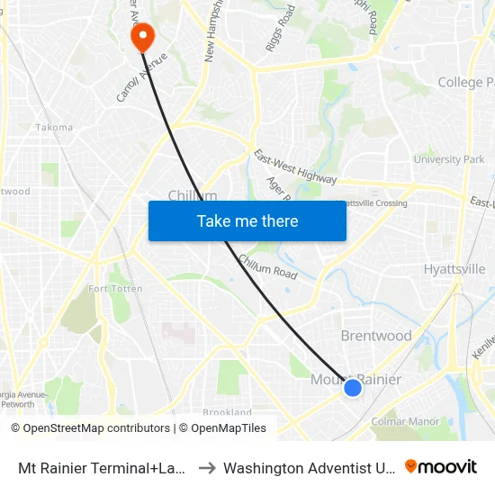 Mt Rainier Terminal+Lane 1 Or 2 to Washington Adventist University map