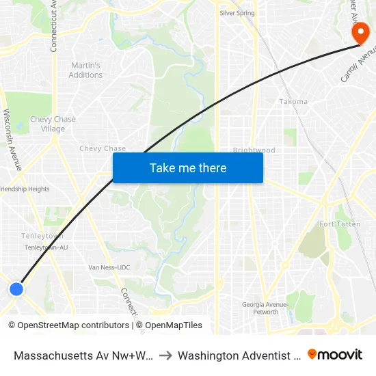Massachusetts Av Nw+Ward Cir NW to Washington Adventist University map