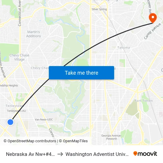 Nebraska Av Nw+#4001 to Washington Adventist University map