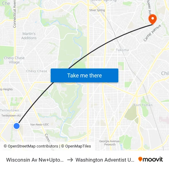 Wisconsin Av Nw+Upton St NW to Washington Adventist University map