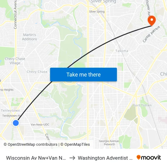 Wisconsin Av Nw+Van Ness St NW to Washington Adventist University map