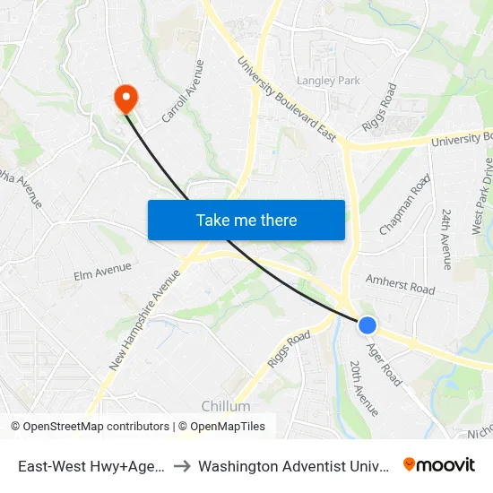 East-West Hwy+Ager Rd to Washington Adventist University map