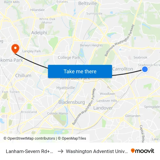 Lanham-Severn Rd+94 Av to Washington Adventist University map