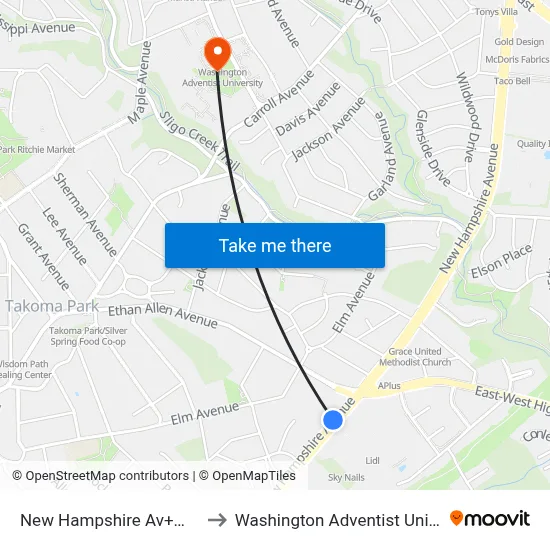 New Hampshire Av+Md 410 to Washington Adventist University map