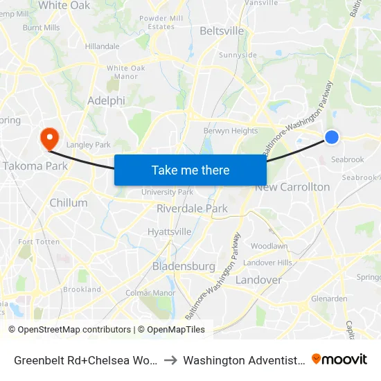 Greenbelt Rd+Chelsea Woods Condos to Washington Adventist University map