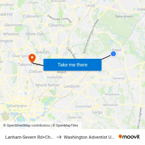 Lanham-Severn Rd+Church La to Washington Adventist University map