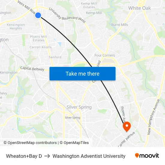 Wheaton+Bay D to Washington Adventist University map