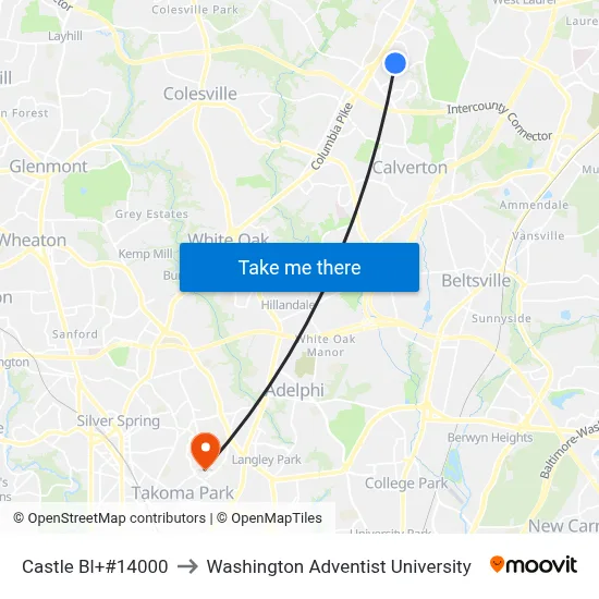 Castle Bl+#14000 to Washington Adventist University map
