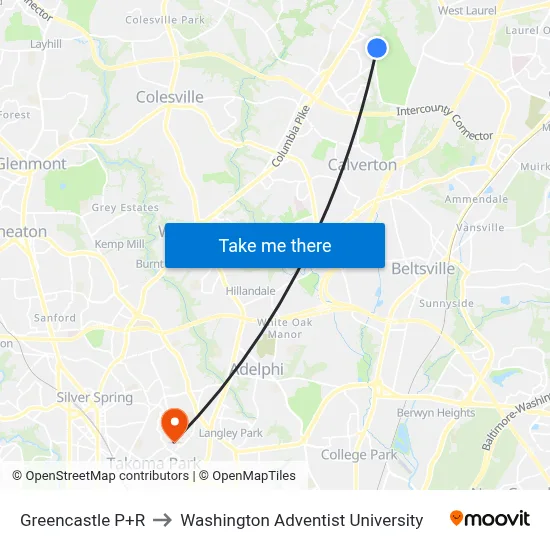 Greencastle P+R to Washington Adventist University map